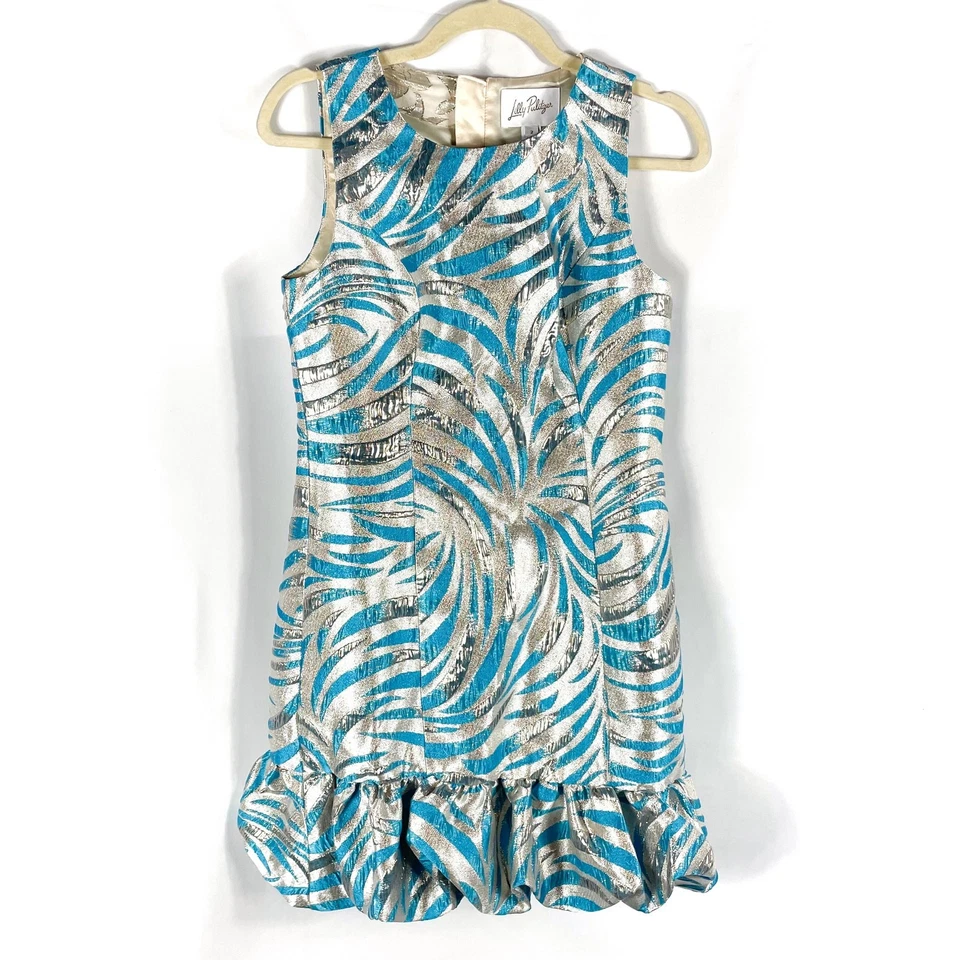 Lilly Pulitzer Faylinn Shift 连衣裙蓝色浅绿色锦缎无袖金属色,尺寸 2 — 第 4/4 张图片