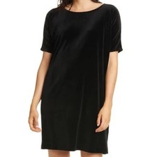 NWT EILEEN FISHER Black Stretch Velvet Relaxed Shift Dress Pockets Crew Neck XL