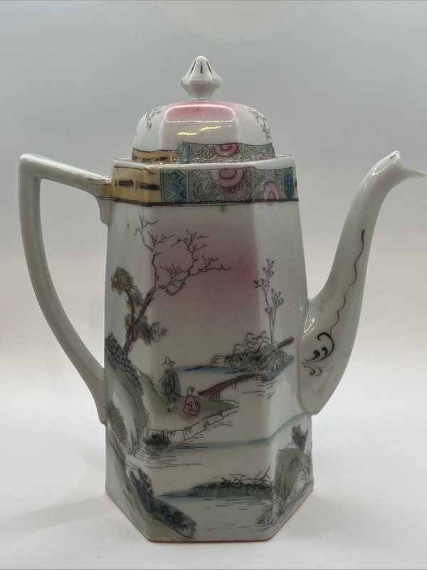 Antique Hand-painted Japanese porcelain octagonal chocolate pot with lid.
