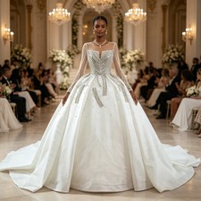 Luxury Bead Wedding Dress Lace O Neck Sequined Long Sleeve Court Train Ball Gown
