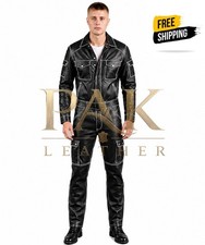 MEN'S HANDMADE REAL LAMBSKIN BLACK LEATHER OVERALL CARGO POCKETS JUMPSUIT DRESS