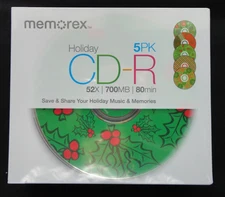 LOT 5 - New Sealed Memorex Holiday CD-R Blank CDs with Cases / Christmas Designs