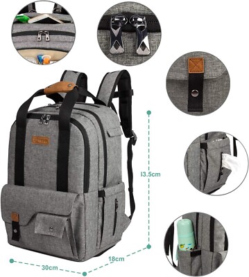 TEBEL Large Capacity Baby Diaper Bag Backpack Multi-Functional Gray