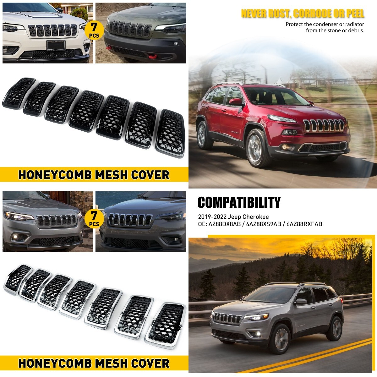 6AZ88XS9AB for 19-22 Jeep Cherokee Black Front Mesh Grille Insert Accessories M