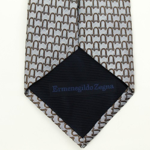 Ermenegildo Zegna Silver/Brown Stirrup Equestrian Woven 100% Silk Neck Tie - Picture 4 of 5