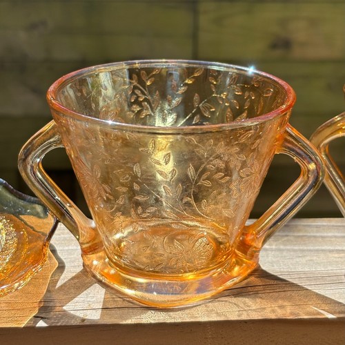 JEANNETTE Iridescent Floragold Pressed Glass Creamer & Sugar Bowl no lid PRETTY - Picture 2 of 16