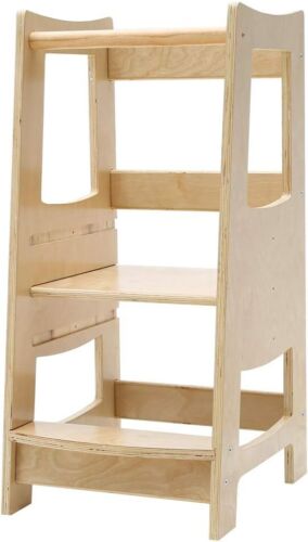New-Toddler Kitchen Step Stool with Safety Rail Kids Wooden Standing Tower for K