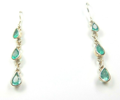 Colombian Emerald Pear Shape Long Earrings 1.96 Cts 18K Yellow Gold Jewelry Muzo - Picture 8 of 12