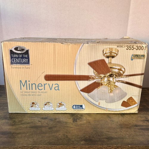 Turn Of The Century: Minerva 44” Ceiling Fan W Light Bright Brass Tri-Mount NOS - Picture 3 of 15