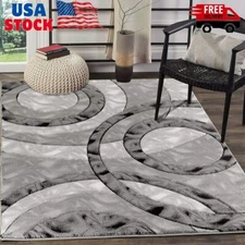 Area Rug Modern 5x7 Grey Black Circles Geometry Soft Hand Carved Contemporary...