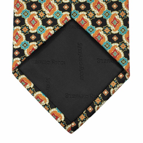 Stefano Ricci Orange Black 100% Silk Medallion Glossy Tipped Tie - Picture 4 of 6