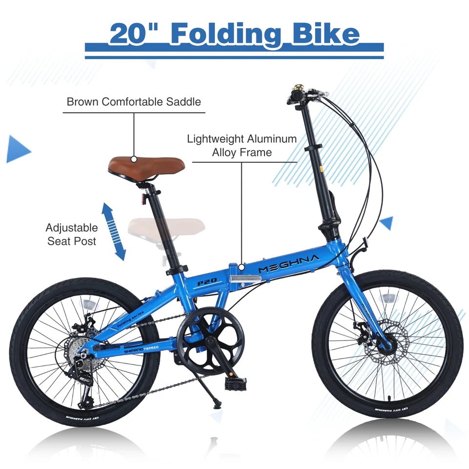MEGHNA 20" Bicicleta de Ciudad Plegable 7 Velocidades Bicicleta Plegable, Cuadro de Aluminio, Azul Foto 3 de 4