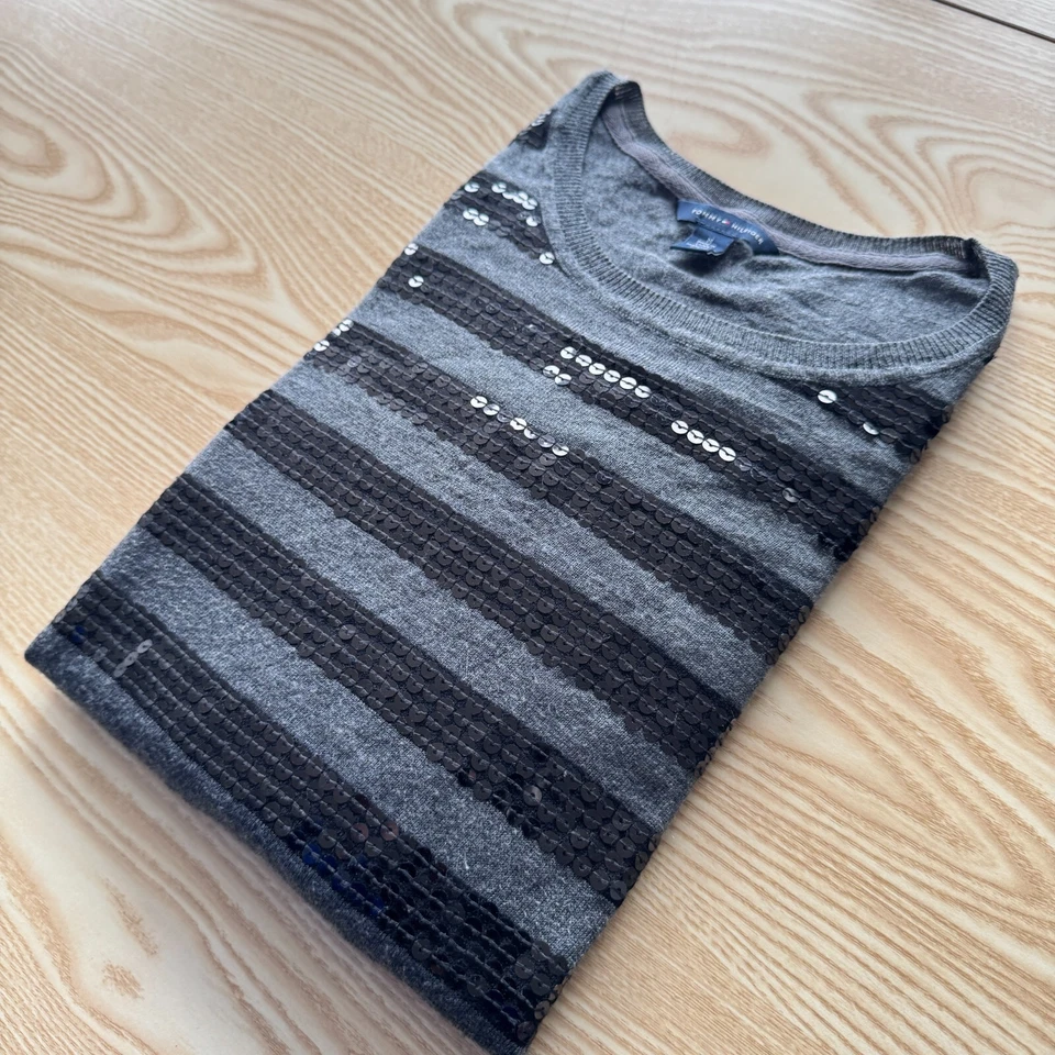 Tommy Hilfiger Mujer Jersey Medio Gris Negro Manga Larga Cuello Redondo Moda Foto 2 de 4