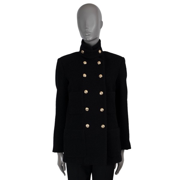 70359 authentische CHANEL schwarze Wolle 20K zweireihige Chevron Tweed Jacke 38 S