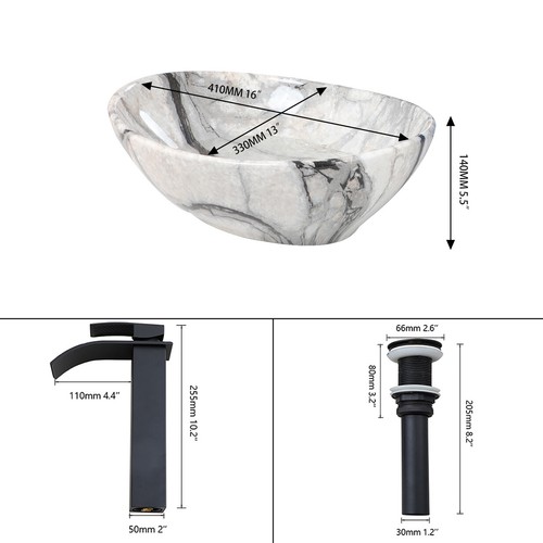 Lavabo ovale in ceramica lavabo lavabo e rubinetto miscelatore nero montato a ponte - Foto 3 di 70