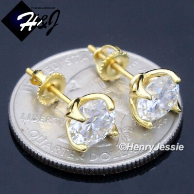 MEN 925 STERLING SILVER ICY MOISSANITE 7MM GOLD PLATED ROUND STUD  EARRING*MGE264