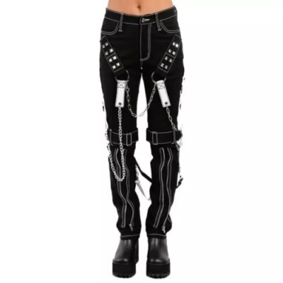 Men Gothic Dead Threads Pant Black Punk Buckle Zips Chain Strap Punk Trousers