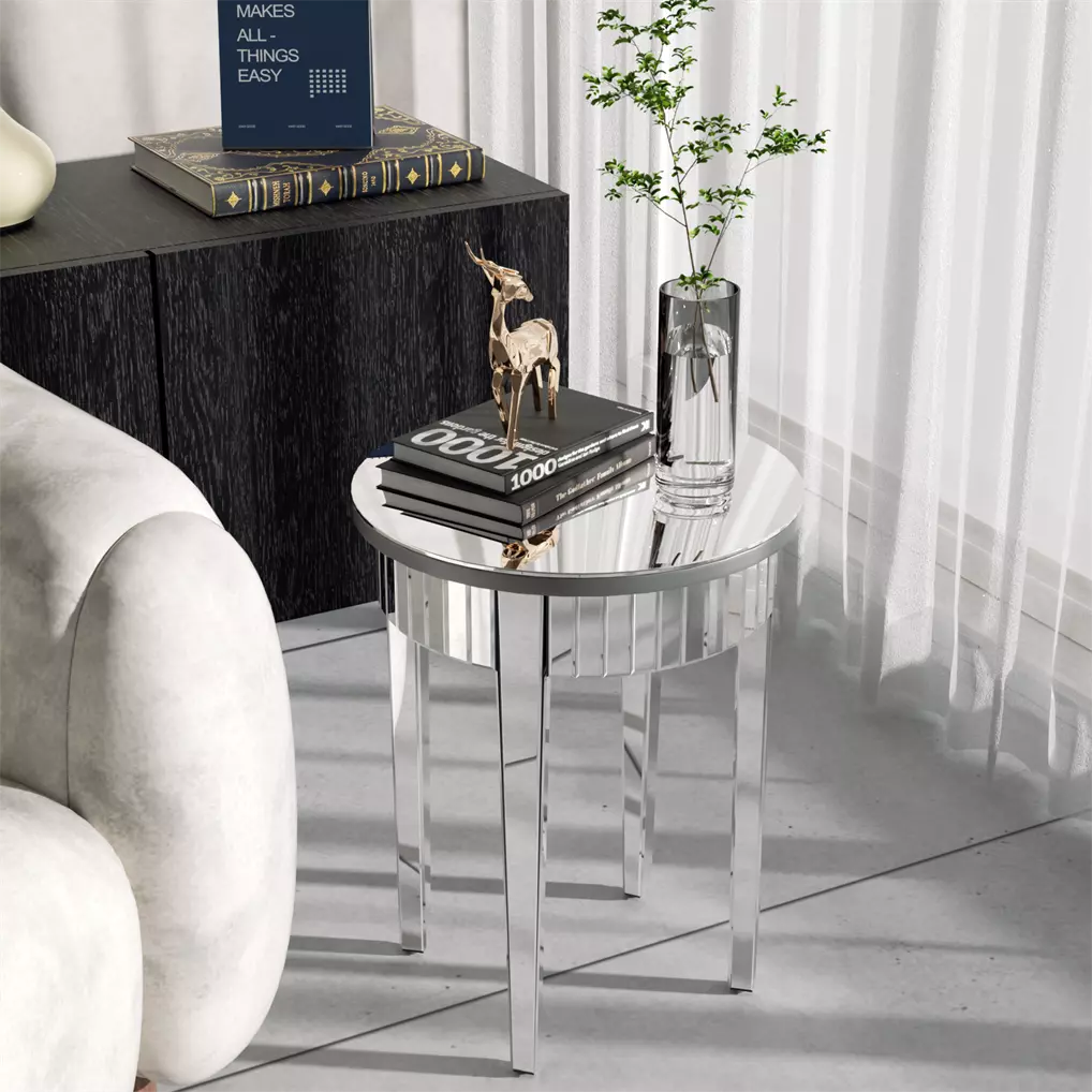 Silver Glass Round Side End Table Mirrored Storage Table Living