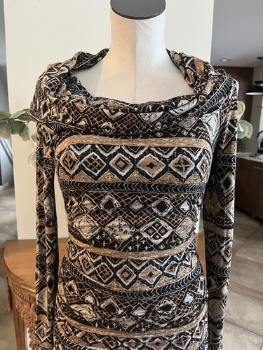 plenty tracy reese Women P Brown Tribal Long Sleeve Ruched Off Shoulder Dress C - Picture 2 of 9