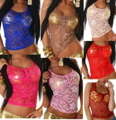 Sexy Miss Women's Tank Top Transparent Lace Gogo Strip Buttons Top XS S Fresize - Image 1 of 4