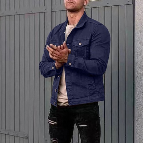 Men Spring Autumn Jackets Denim Workwear Casual Slim Cargo Coat Tops Solid ↷ - Picture 10 of 18