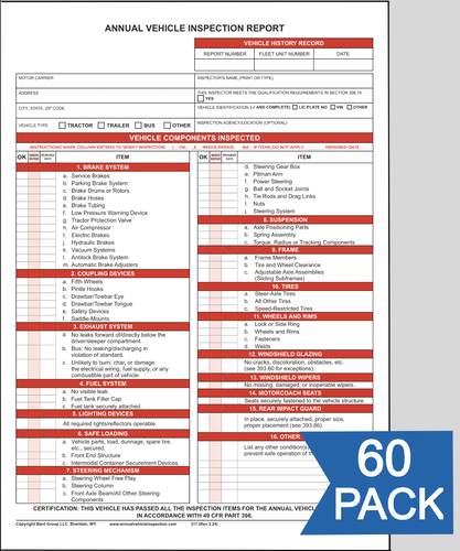 Annual Vehicle Inspection Report Form. 60-PACK. DOT Compliant. 3-Ply Carbonless.