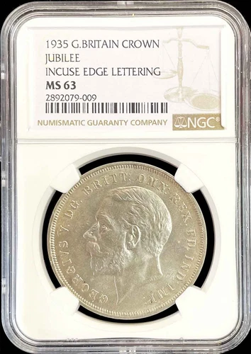 1935 SILVER JUBILEE GREAT BRITAIN CROWN 25TH ANNIVERARY COIN INCUSE NGC MS 63