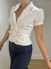 Pin-up Style Statement Blazer In White Cotton - Size 10uk