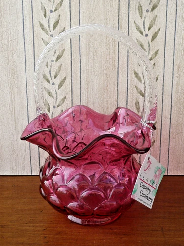 Country Cranberry FENTON Art Glass Basket ~ Original Hang Tag ~ Excellent