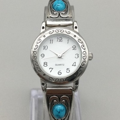 Accutime Womens Watch 25mm White Dial Blue Stone Silver Tone New Battery