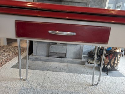 30s/40s Enamel Top Kitchen Table Red & White Porcelain Drop Leaf
