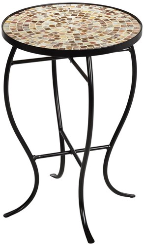 Modern Black Round Outdoor Accent Table 14" Wide Natural Mosaic for Porch Patio - Picture 2 of 7