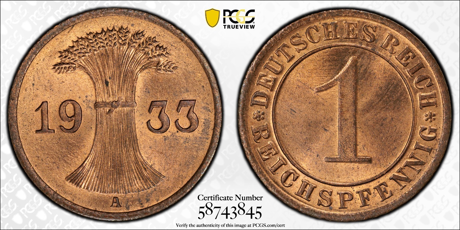 Germany 1933-A Reichspfennig J-313 PCGS MS 65 RB