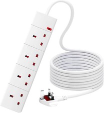 Electric Extension Lead Plug Socket - 4 Gang, UK Plug with Cable, Black & White