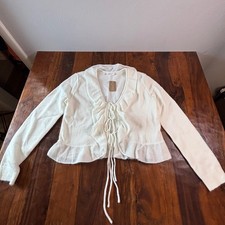 Vestique White Ruffle Tie Front Cardigan Sweater Womens Medium NWT Coquette Knit