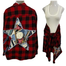 Upcycled Flannel Shirt Shacket Womens 3X Red Grunge Patchwork Star Folk Art Rock