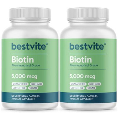 BESTVITE Biotin 5000mcg (240 Vegetarian Capsules) (120 x 2) - No Stearates - No