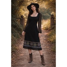 Vintage Y2K Beaded Hem Mesh Sleeve Midi Dress Whimsygoth M