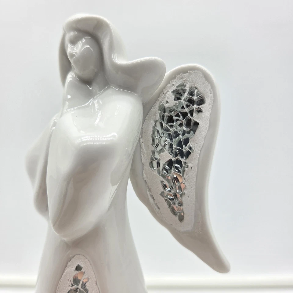 Estatuilla de ángel de cerámica blanca de 10" - Alas de mosaico de cristal agrietado - Decoración elegante Foto 4 de 4