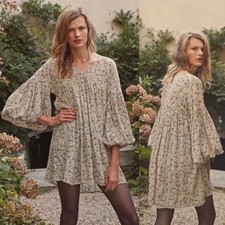 DOEN sz M Pietra Silk Dress Cream Paisley Balloon Puff Long Sleeve V-neck