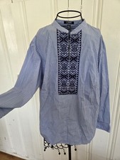 Chaps 1X embroidered blue stripe long sleeve tunic cottagecore blouse boho