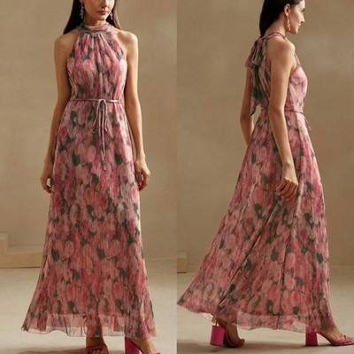 Anewsta Pink Floral Shimmery Pleated Halter Maxi Dress Elegant Evening Gown 8-10