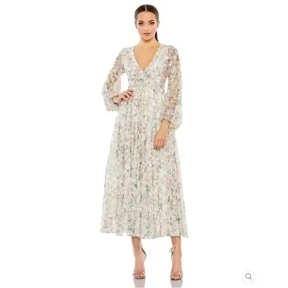 Mac Duggal Off White Cream Embellished Cocktail Floral Midi-Dress Size 4 $498 - Image 3 of 4