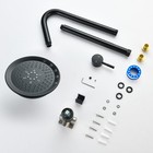 Matte black shower kit with single lever faucet, shown with all necessary parts on white background.