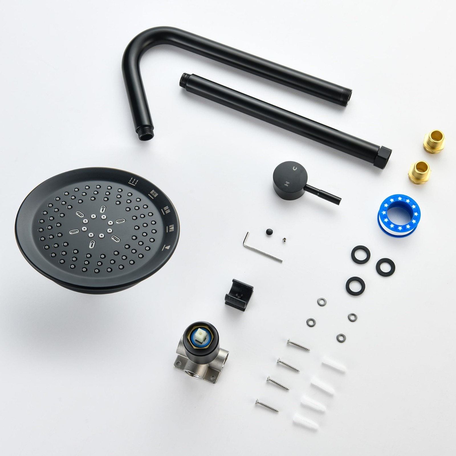 Matte black shower kit with single lever faucet, shown with all necessary parts on white background.