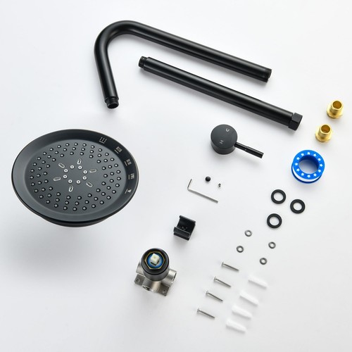 Matte black shower kit with single lever faucet, shown with all necessary parts on white background.