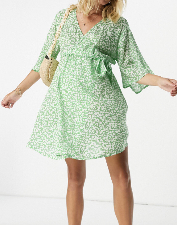 Size 14 Asos Maternity Green Ditsy Floral Wrap Cover Up Dress Worn