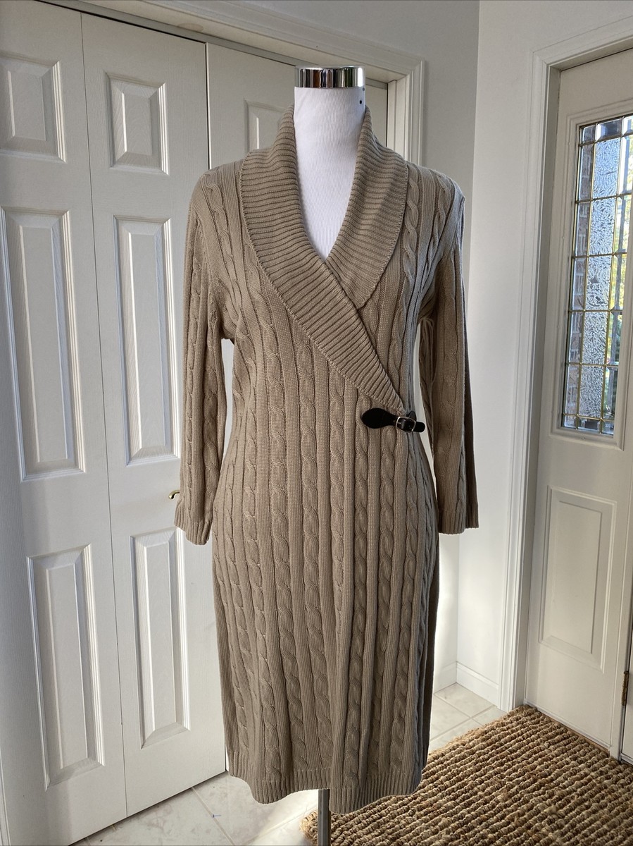 Calvin Klein Beige Faux Wrap Cable Sweater Dress Shawl Collar Side Buckle M