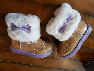 NWB Girls Gold  Fur Boots Skechers Twinkle Toes LIGHT UP MULTI COLOR BRIGHT SZ 7