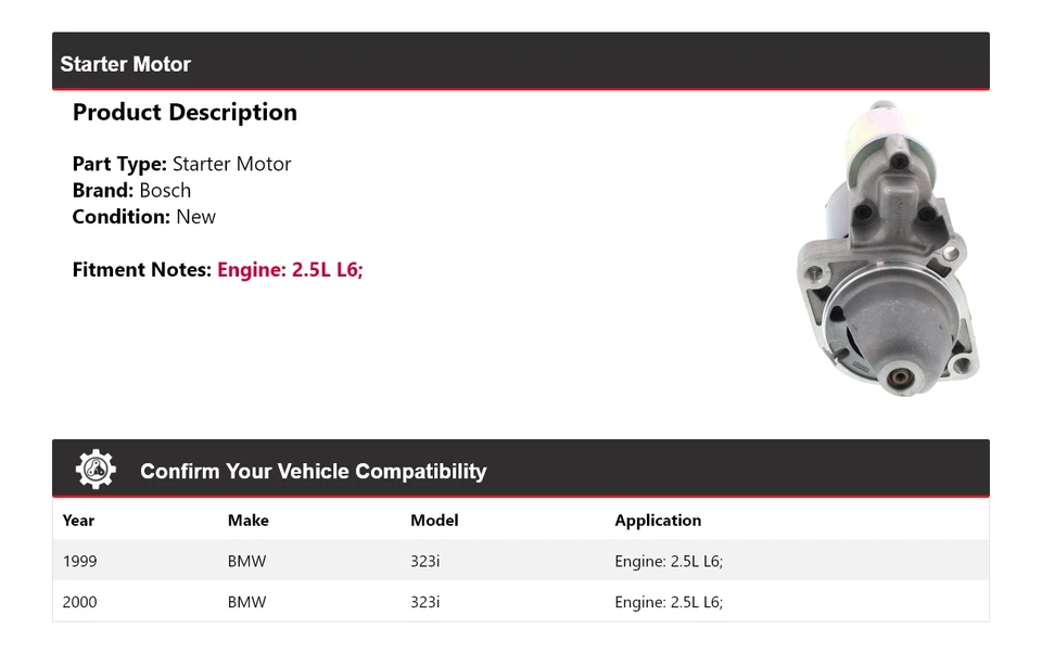 For 1999-2000 BMW 323i 2.5L L6 Bosch Starter (New) - Image 2 of 4